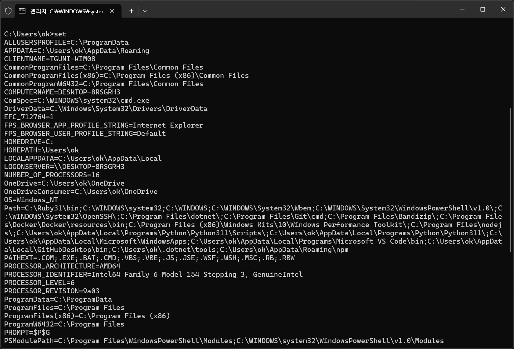 Command창 환경 변수 전체 출력